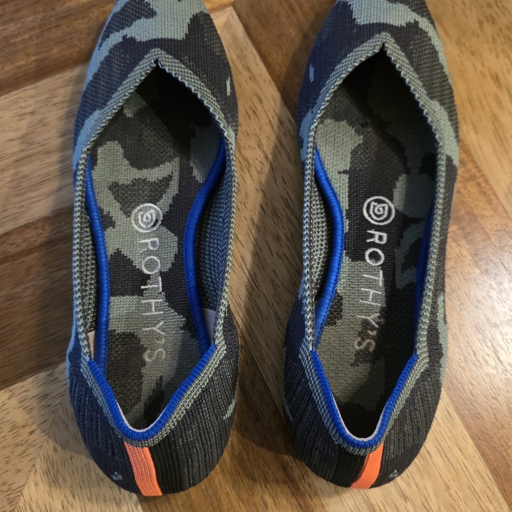 Rothy's Camo Knit Flats in Green, Black & Blue with Orange Heel Tab
